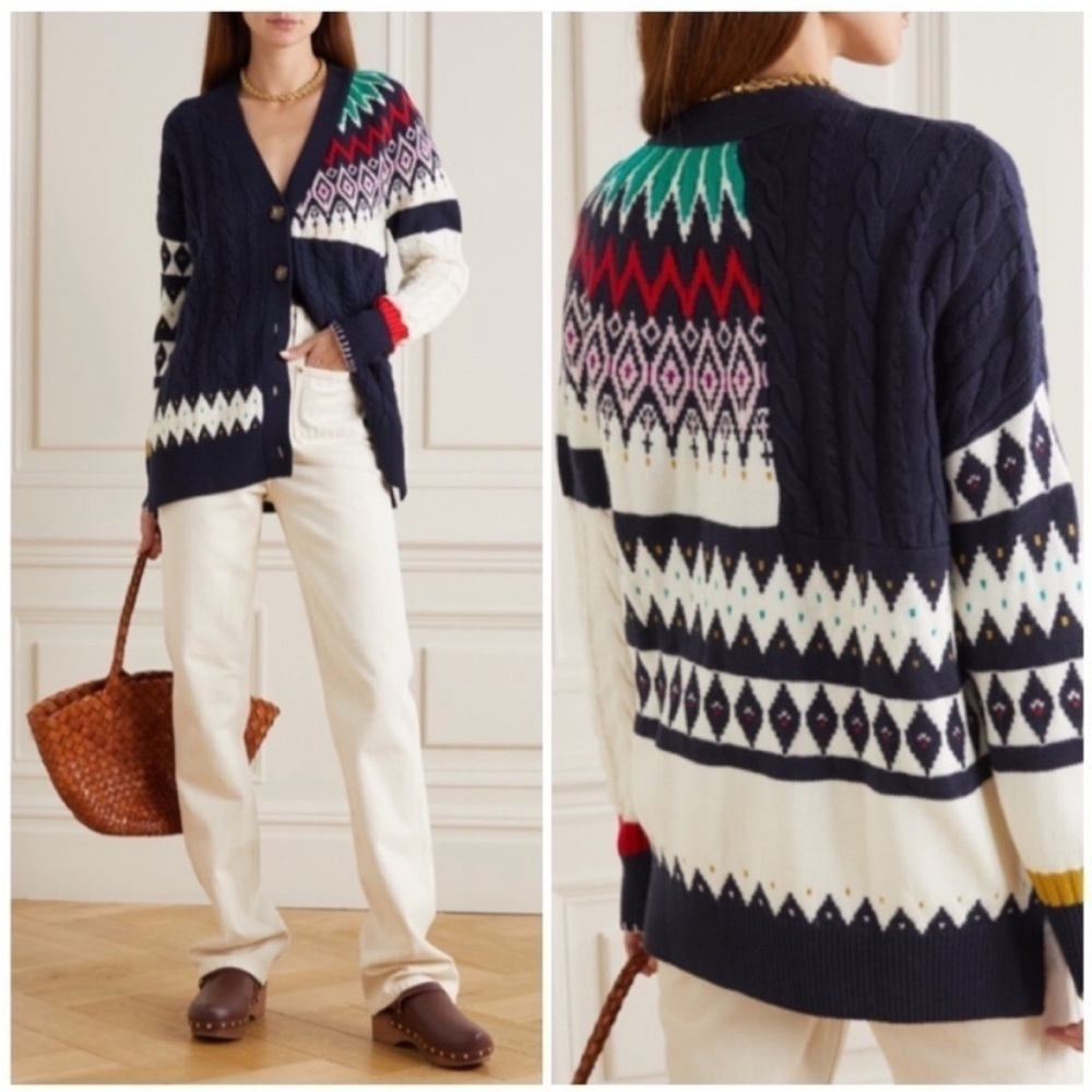 La Ligne Patchwork Fair Isle Cable Knit Wool Card… - image 1